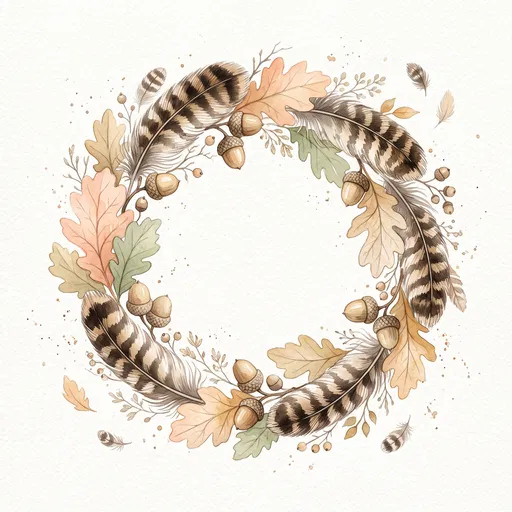 Watercolor Autumn Wreath With Feathers And Acorns