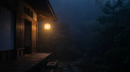 Glowing Lantern on Misty Wooden Veranda