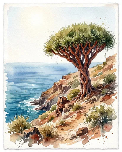 Watercolor Canarian Dragon Tree on Coastal Cliff