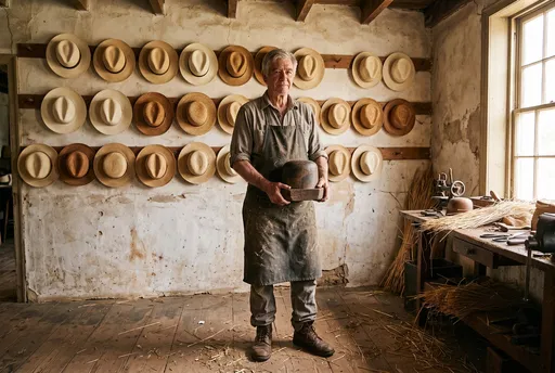 Hat Weaver in Rustic Workshop