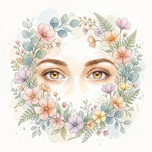Watercolor Brown Eyes in Floral Wreath