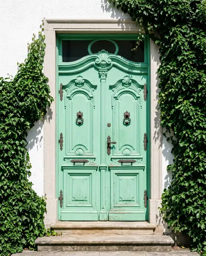 Ornate Mint Green Wooden Double Doors