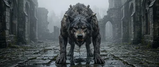 Massive Werewolf Hound in Misty Courtyard