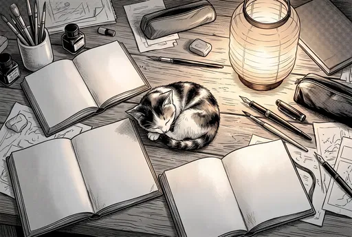 Manga Illustration of Sleeping Kitten on Desk
