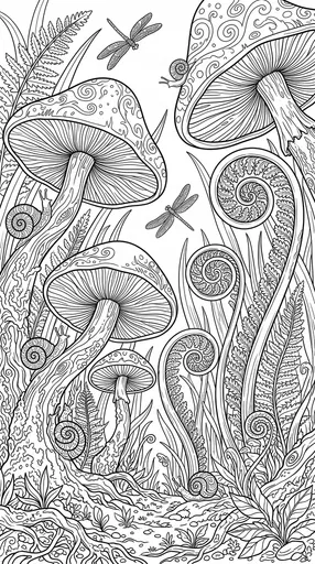 Whimsical Mushrooms and Ferns Coloring Page