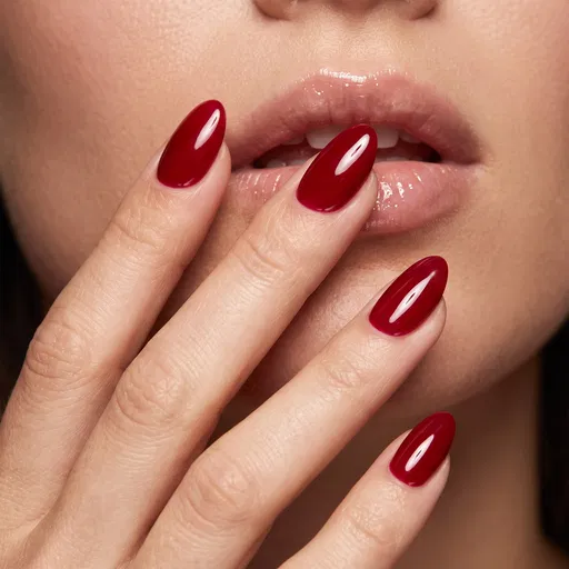 Red Almond Manicure Touching Glossy Lips