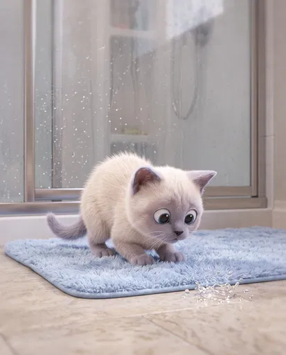 Startled Kitten Looking at Water Splash