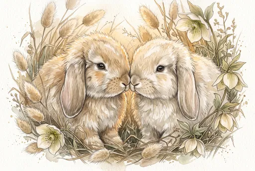 Watercolor Lop-Eared Bunnies Touching Noses