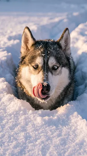 Cross-Eyed Husky Licking Snowflake in Snow