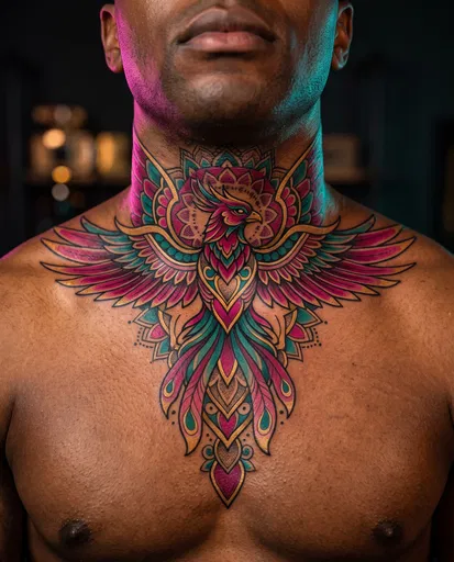 Vibrant Neo-Traditional Phoenix Chest Tattoo