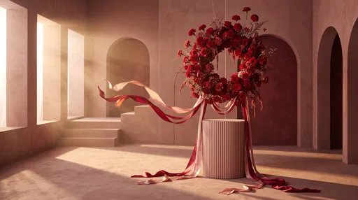 Red Floral Wreath Over Fluted Pedestal