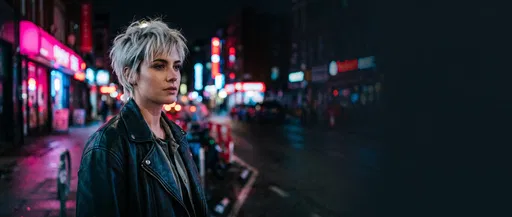 Woman With Platinum Pixie Cut At Night