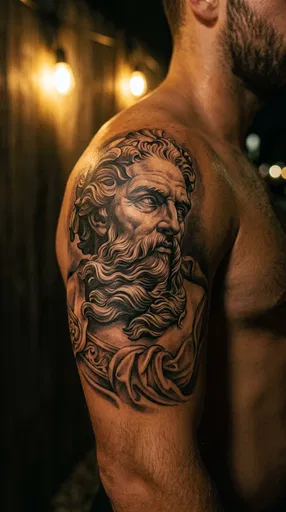 Man With Classical Deity Shoulder Tattoo