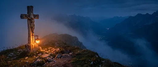 Stone Crucifix on Misty Mountain Ridge