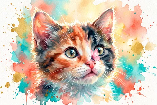 Watercolor Calico Kitten With Pink Butterfly