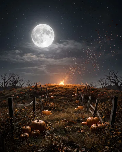 Moonlit Pumpkin Patch Hilltop With Bonfire