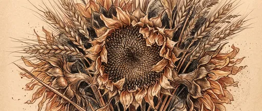 Vintage Sepia Sunflower and Wheat Drawing