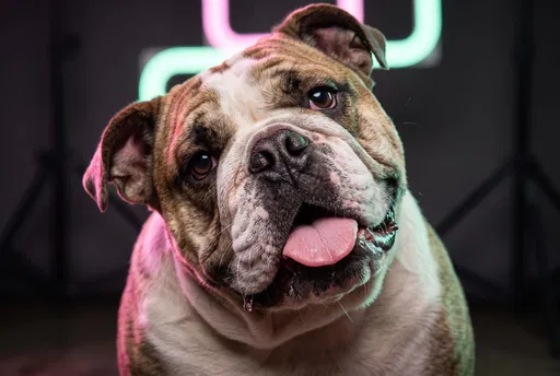 English Bulldog Portrait With Neon Lights