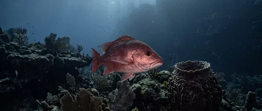 Red Snapper Swimming Over Deep Coral Reef