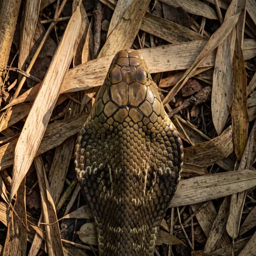 Overhead View of King Cobra on Leaves