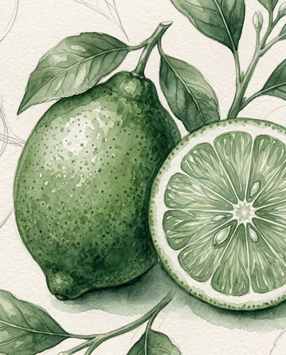 Green Watercolor Lime Botanical Illustration