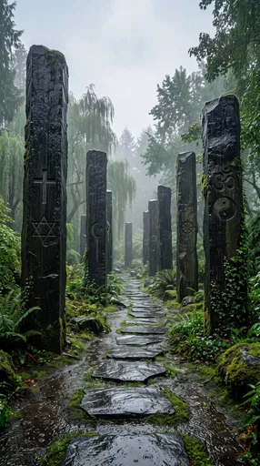 Rainy Interfaith Garden With Engraved Pillars