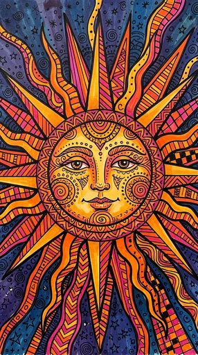 Vibrant Folk Art Marker Sun Illustration