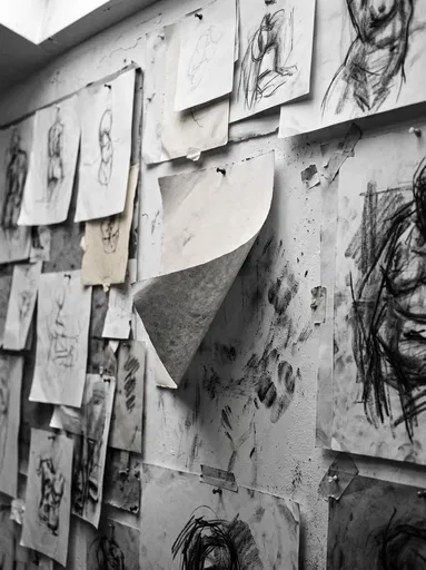 Charcoal Sketches Pinned on Studio Wall