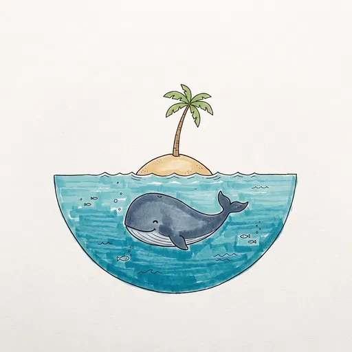 Whale Beneath Tiny Palm Island Illustration