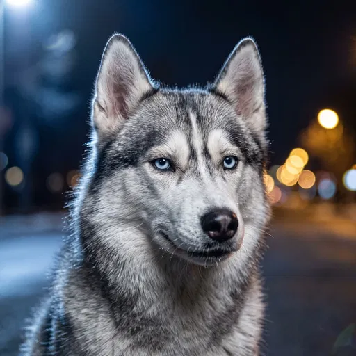 Siberian Husky Night Portrait with Bokeh