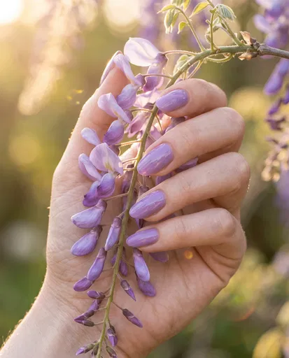 Hand With Lavender Nails Holding Wisteria