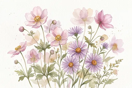 Watercolor Pink Anemones and Lavender Asters