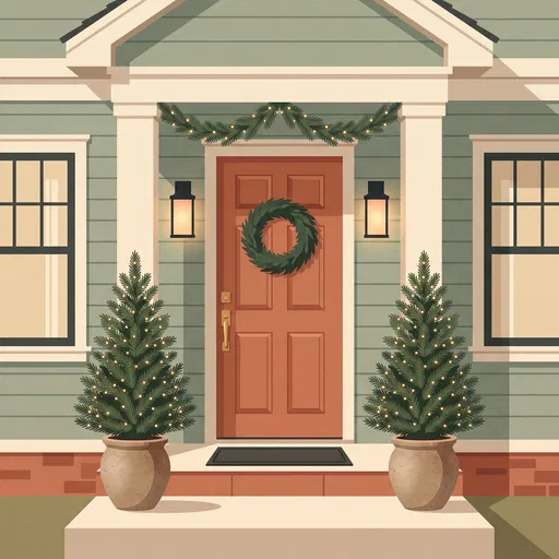 Festive Front Porch Illustration with Potted Trees