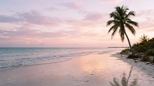 Tropical Beach at Sunset with Palm Tree