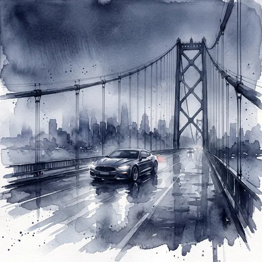 Watercolor Coupe on Rainy Suspension Bridge