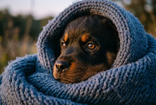Rottweiler Puppy Wrapped in Blue Knit Blanket