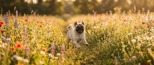 Happy Pug Running Through Golden Meadow