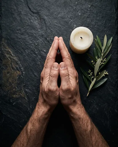 Praying Hands With Candle and Olive Branch