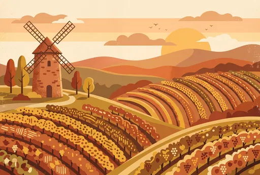 Autumn Vineyard and Windmill Illustration