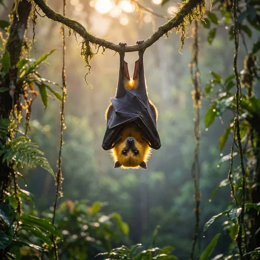 Golden Flying Fox Hanging in Rainforest