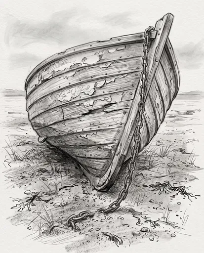 Pencil Sketch of Weathered Beached Rowboat