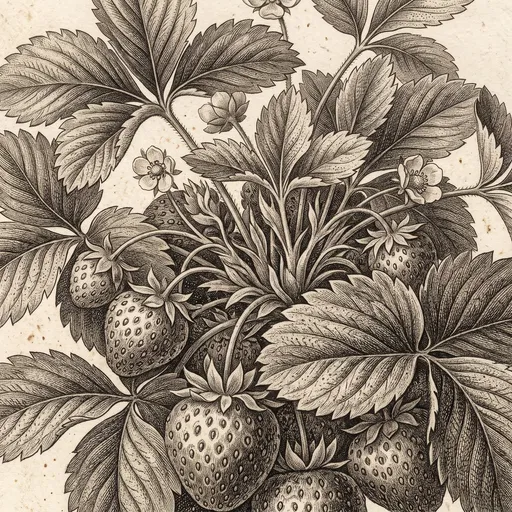 Vintage Botanical Strawberry Plant Etching