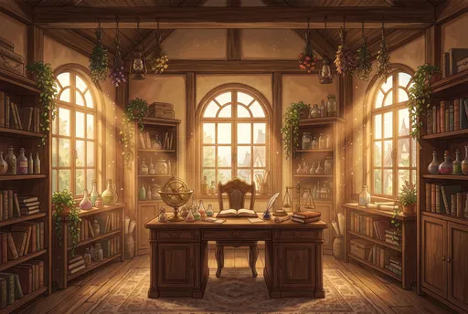 Cozy Fantasy Apothecary Study in Sunlight