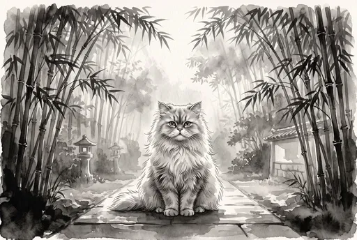 Monochrome Ink Wash Cat in Bamboo