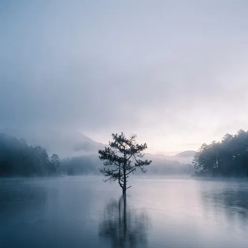 Lone Pine Tree in Misty Dawn Lake