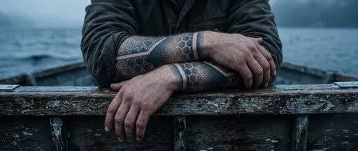 Man With Geometric Forearm Tattoos on Boat