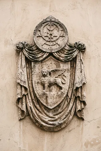 Carved Travertine Crest With Winged Lion