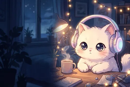Cozy Chibi Cat With Glowing Headphones