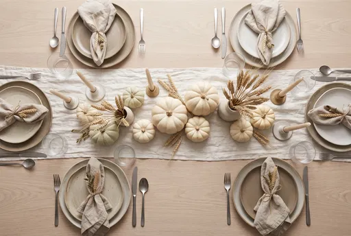 Minimalist Neutral Thanksgiving Tablescape Overhead View