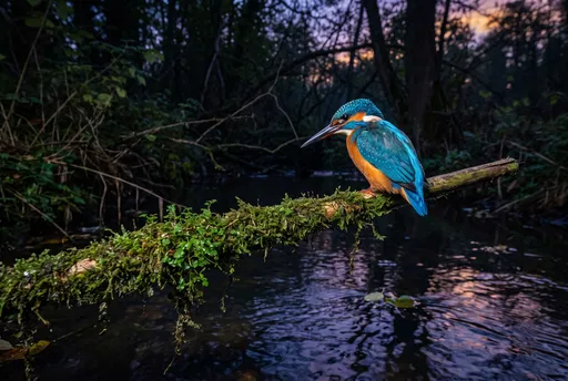 Kingfisher Perched Over Twilight Woodland Stream